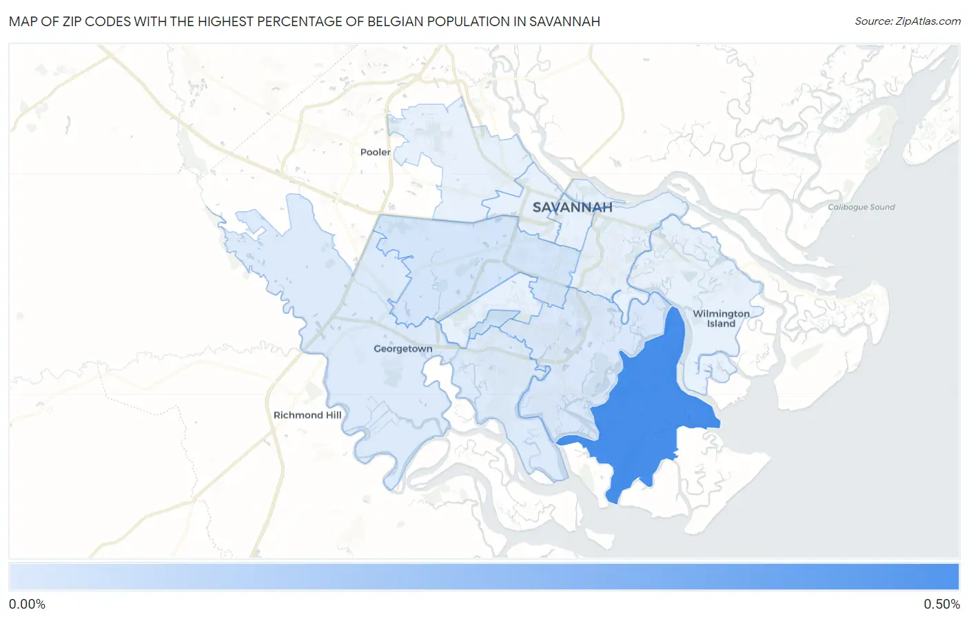 Zip Codes with the Highest Percentage of Belgian Population in Savannah Map