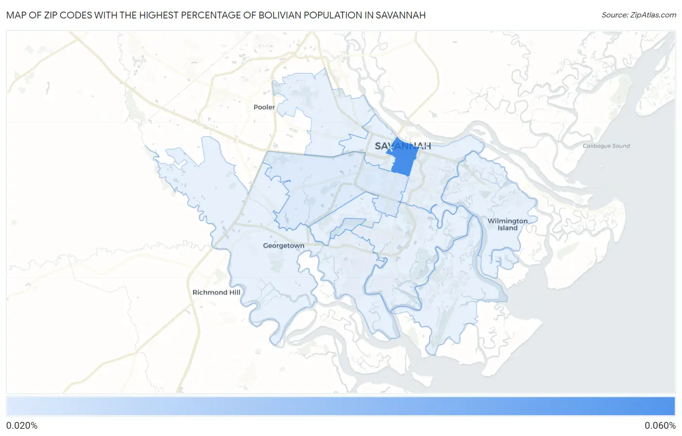 Zip Codes with the Highest Percentage of Bolivian Population in Savannah Map
