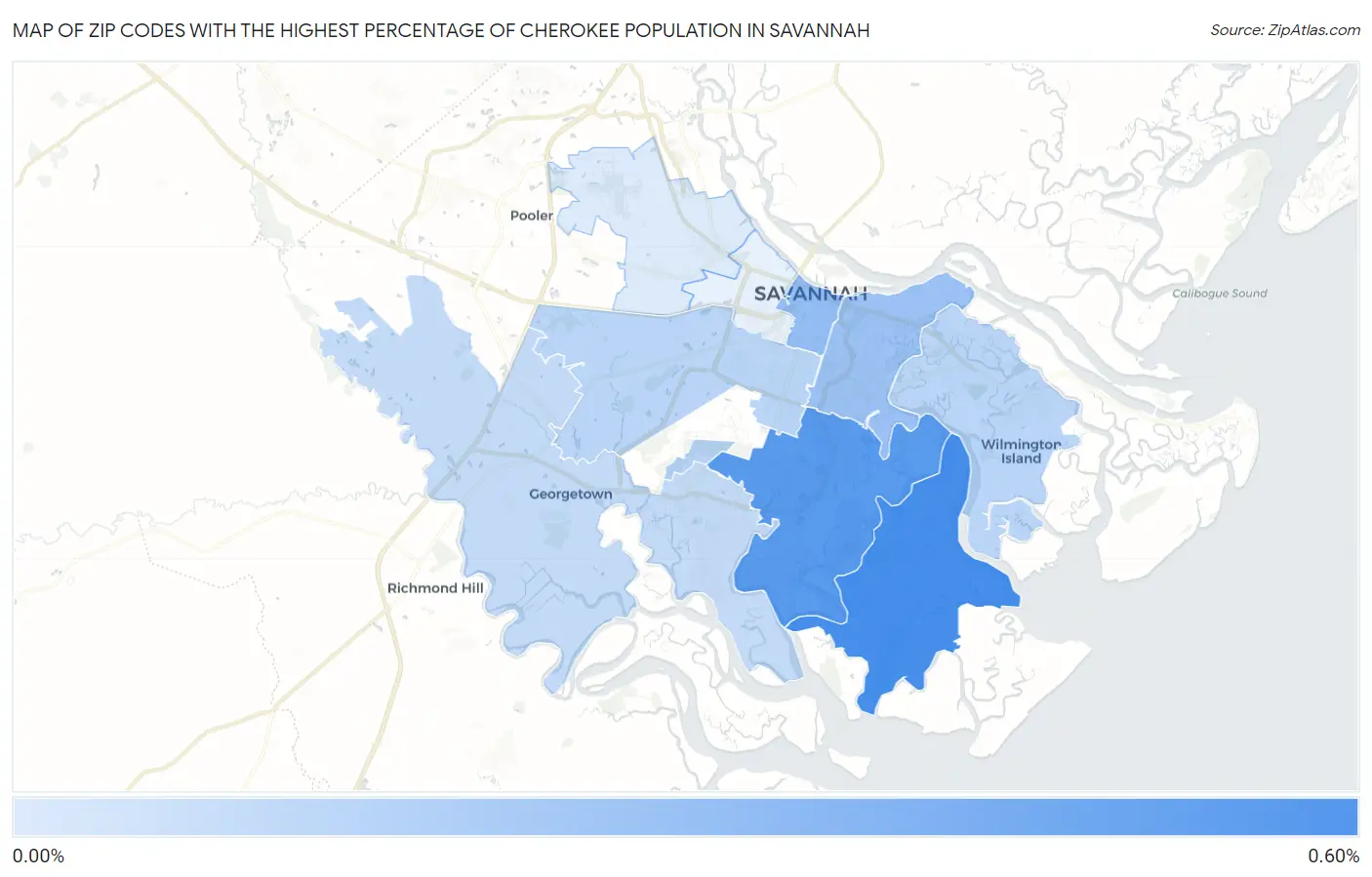 Zip Codes with the Highest Percentage of Cherokee Population in Savannah Map