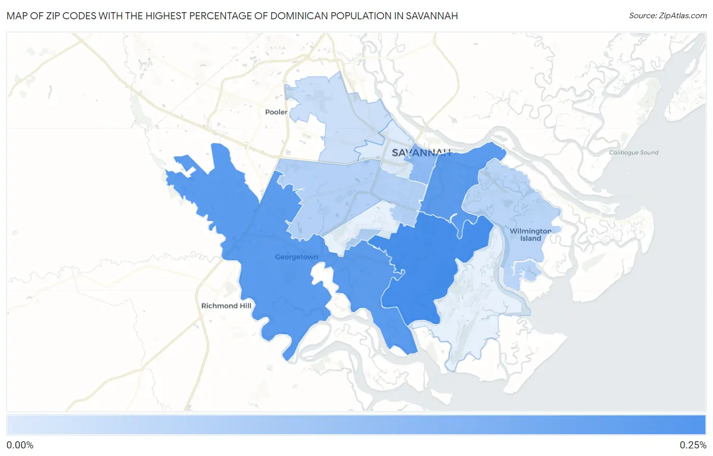 Zip Codes with the Highest Percentage of Dominican Population in Savannah Map