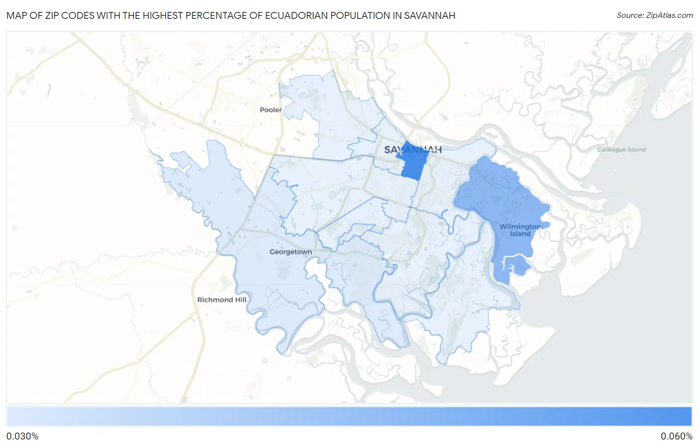 Zip Codes with the Highest Percentage of Ecuadorian Population in Savannah Map