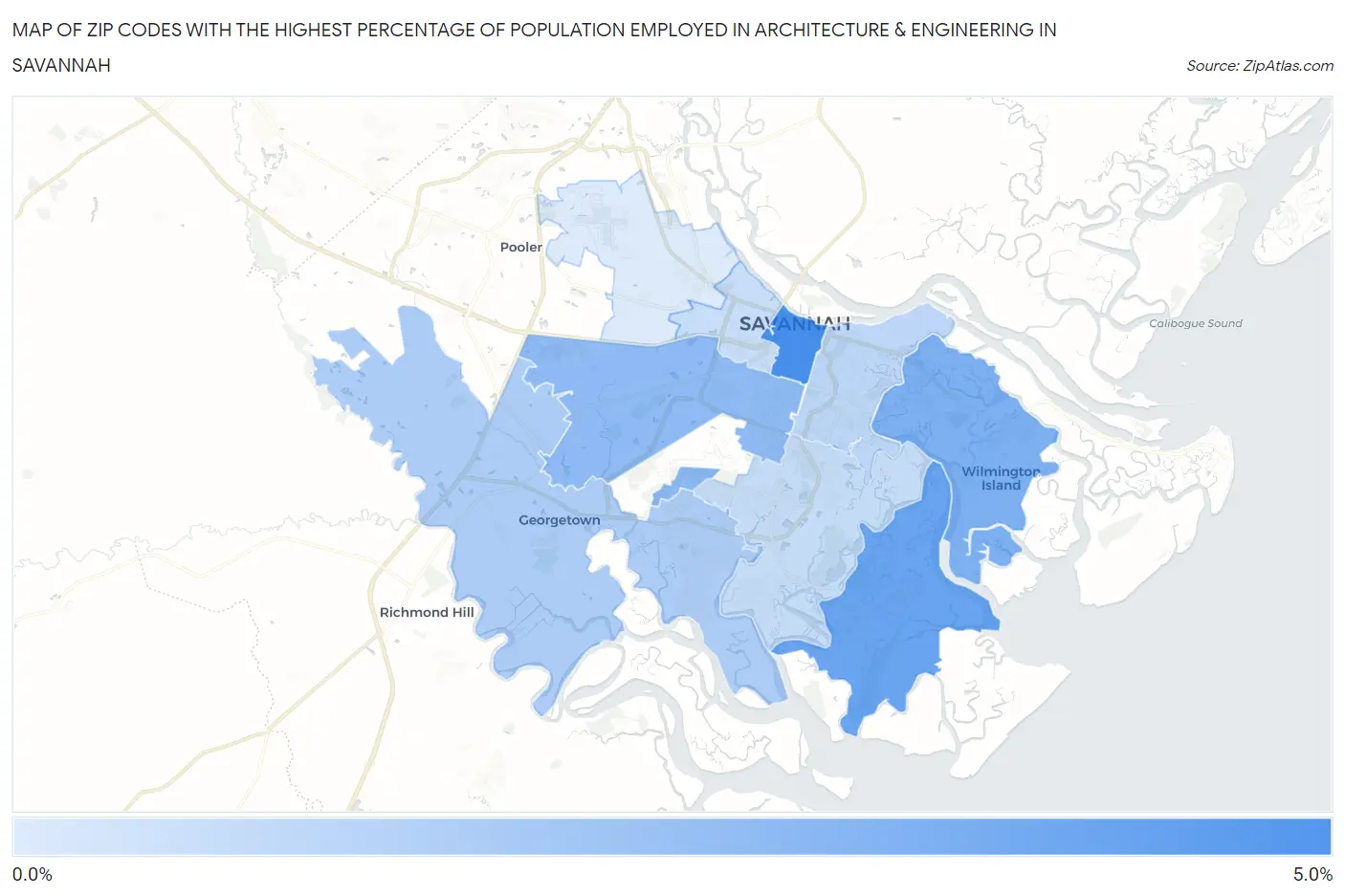 Zip Codes with the Highest Percentage of Population Employed in Architecture & Engineering in Savannah Map
