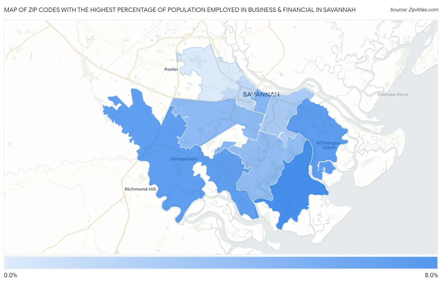Zip Codes with the Highest Percentage of Population Employed in Business & Financial in Savannah Map