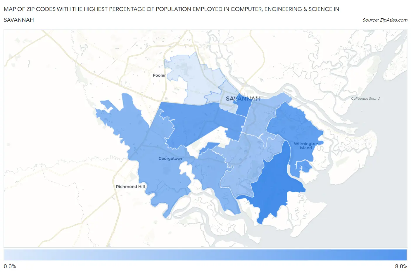 Zip Codes with the Highest Percentage of Population Employed in Computer, Engineering & Science in Savannah Map