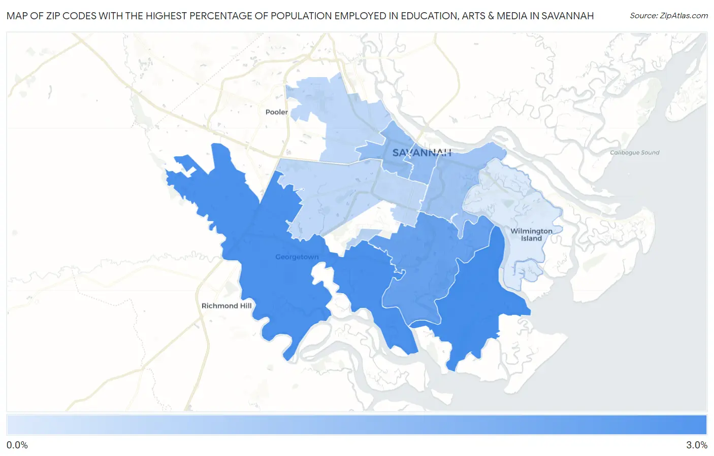 Zip Codes with the Highest Percentage of Population Employed in Education, Arts & Media in Savannah Map