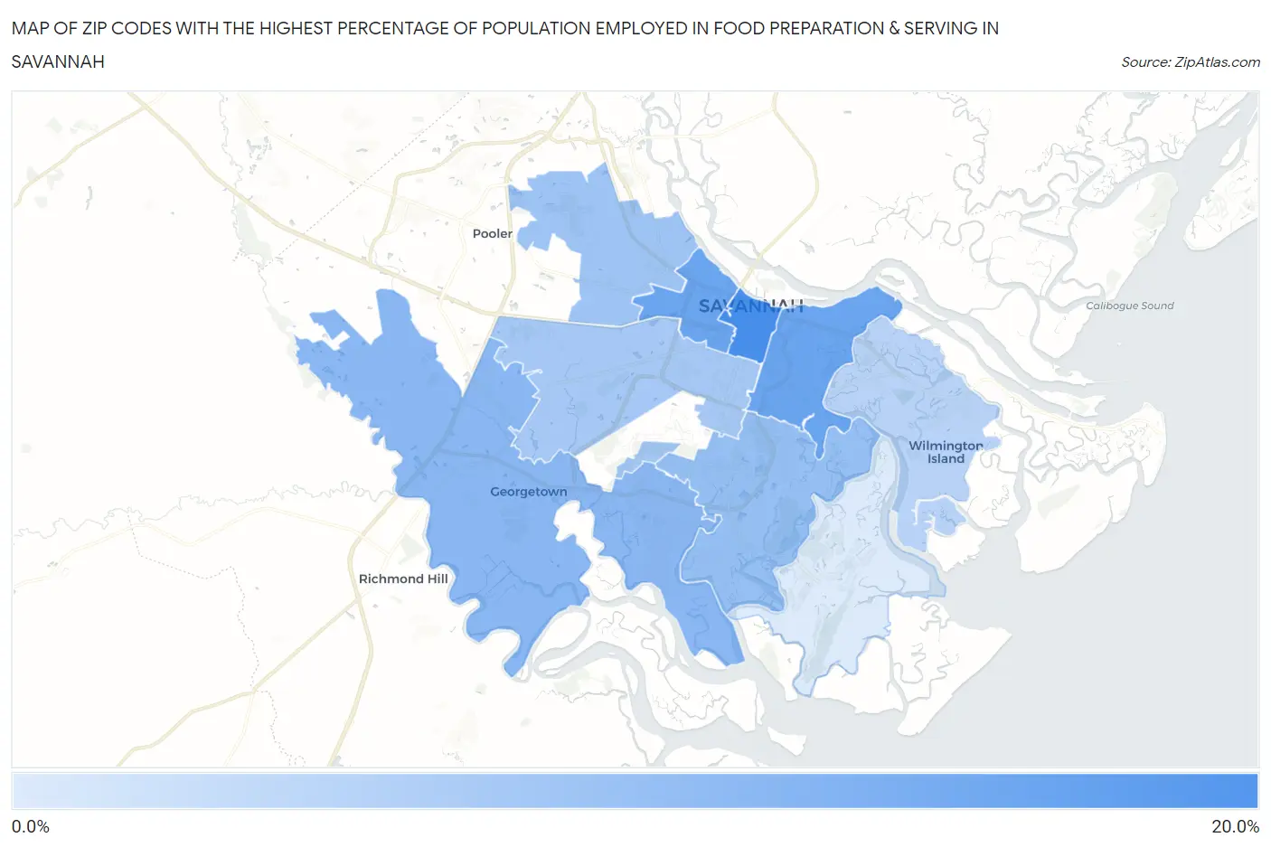 Zip Codes with the Highest Percentage of Population Employed in Food Preparation & Serving in Savannah Map