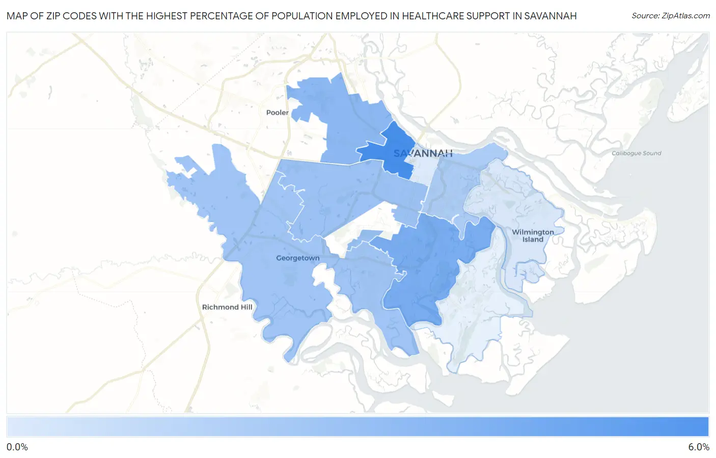 Zip Codes with the Highest Percentage of Population Employed in Healthcare Support in Savannah Map