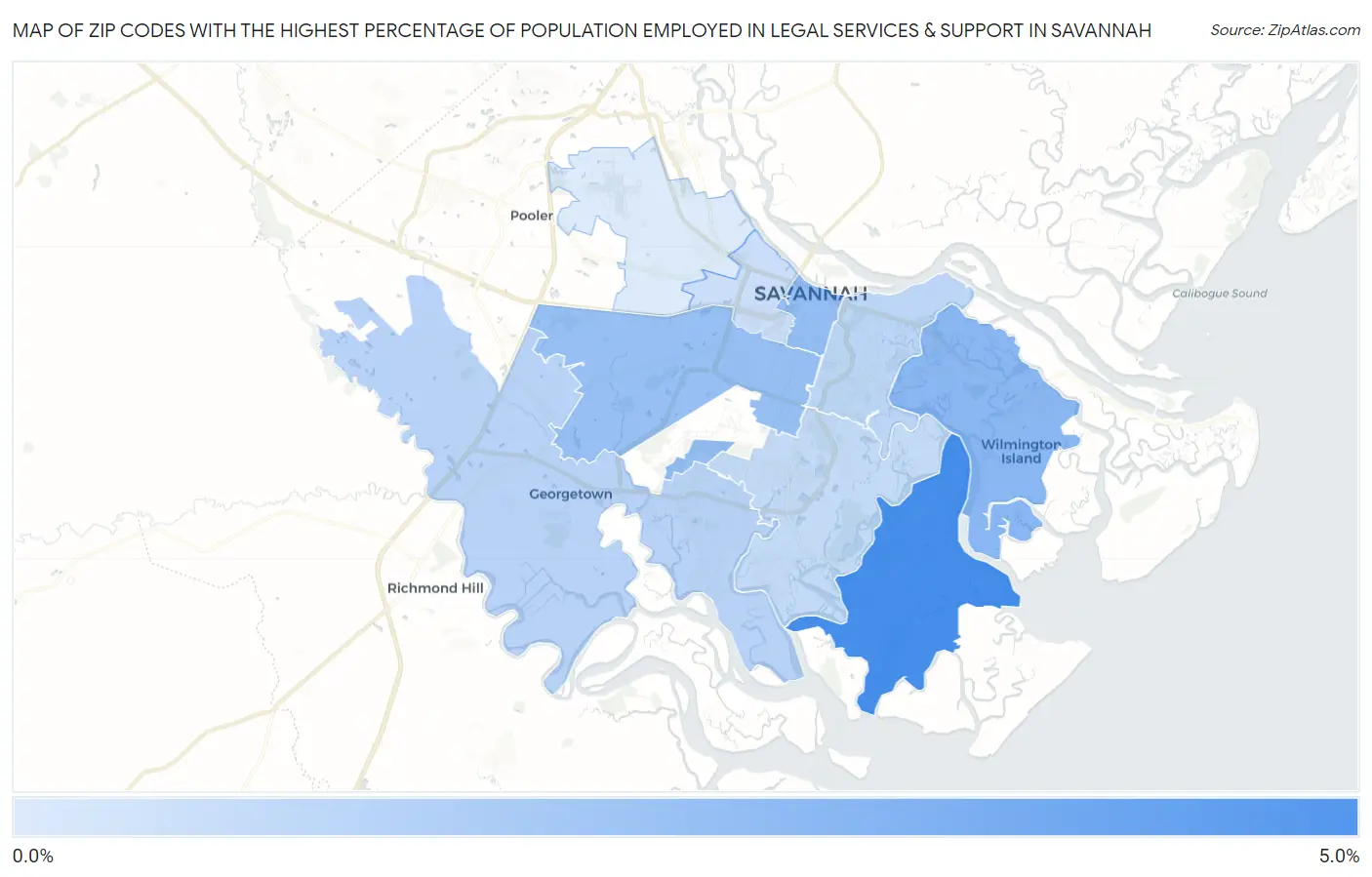 Zip Codes with the Highest Percentage of Population Employed in Legal Services & Support in Savannah Map
