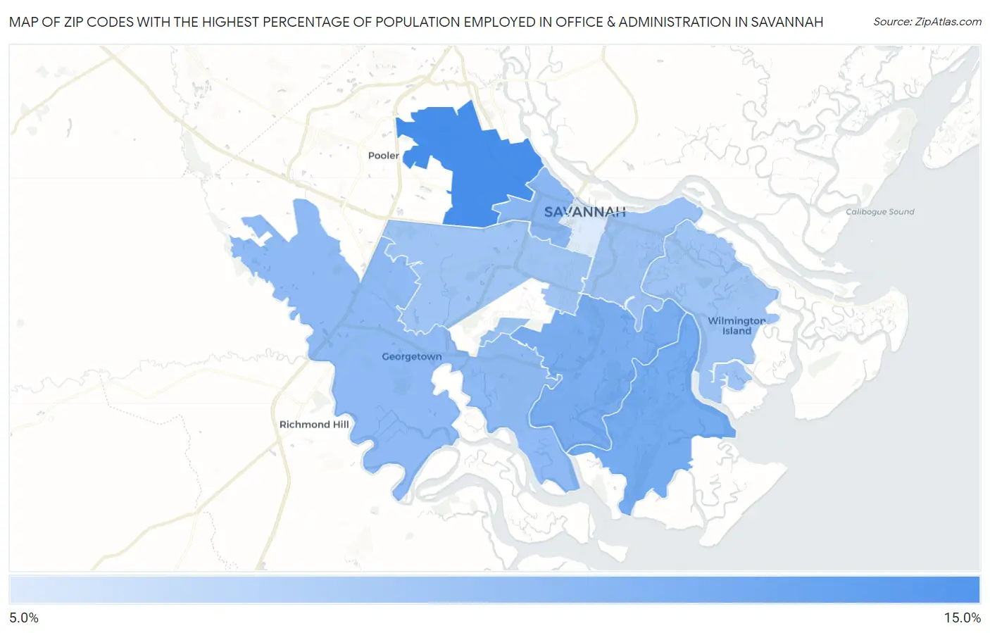 Zip Codes with the Highest Percentage of Population Employed in Office & Administration in Savannah Map