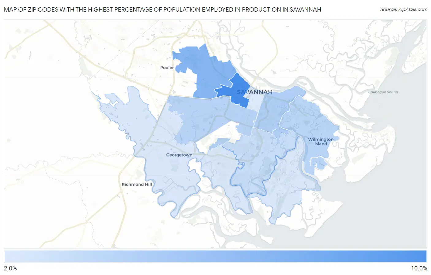 Zip Codes with the Highest Percentage of Population Employed in Production in Savannah Map