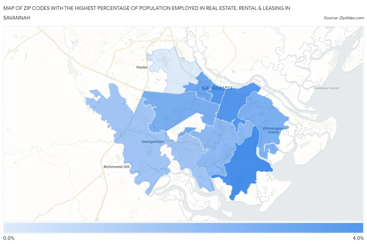 Zip Codes with the Highest Percentage of Population Employed in Real Estate, Rental & Leasing in Savannah Map