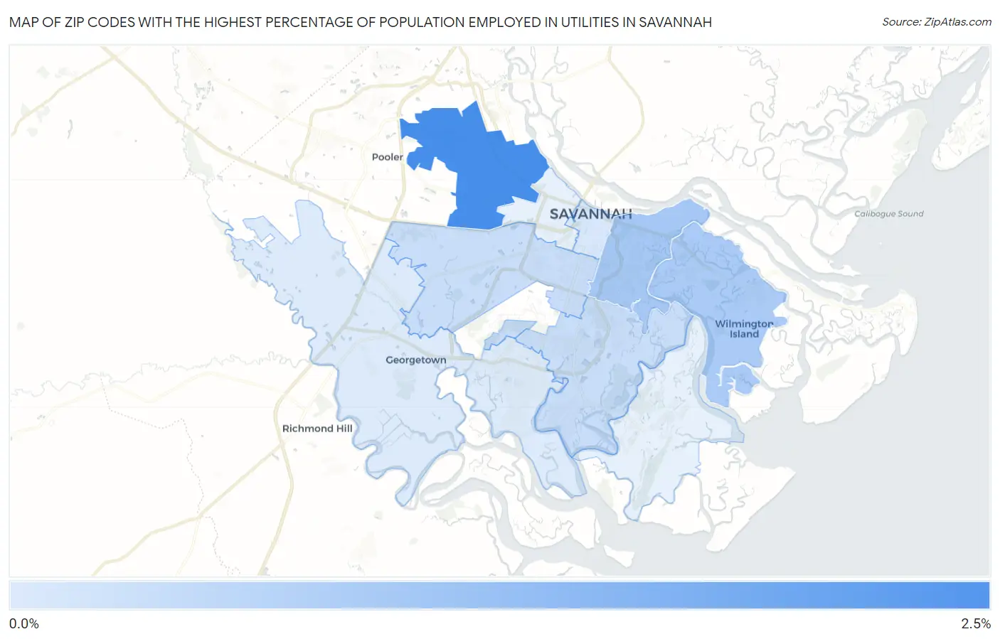 Zip Codes with the Highest Percentage of Population Employed in Utilities in Savannah Map