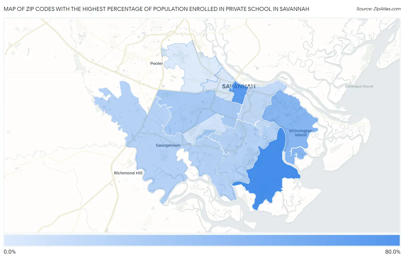 Zip Codes with the Highest Percentage of Population Enrolled in Private School in Savannah Map