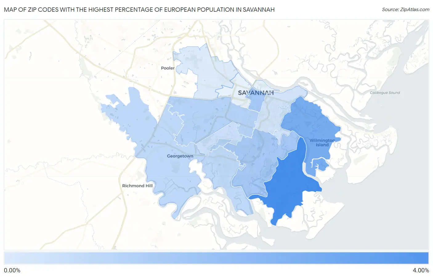 Zip Codes with the Highest Percentage of European Population in Savannah Map