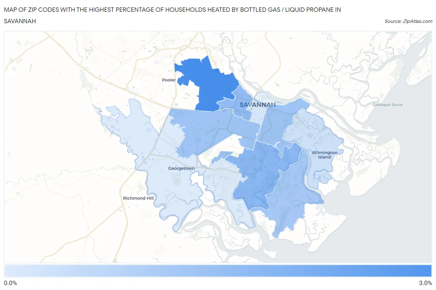 Zip Codes with the Highest Percentage of Households Heated by Bottled Gas / Liquid Propane in Savannah Map