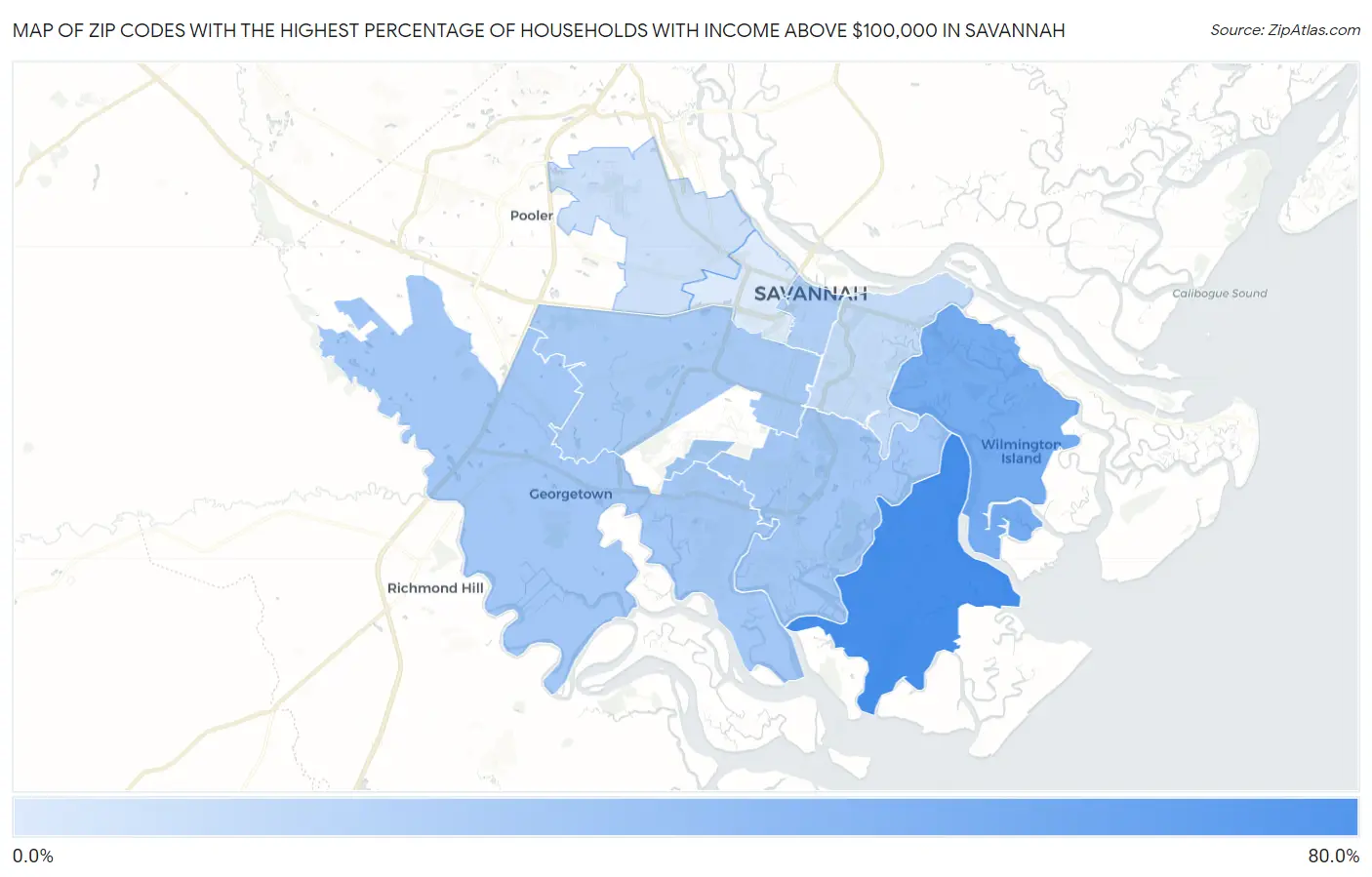 Zip Codes with the Highest Percentage of Households with Income Above $100,000 in Savannah Map
