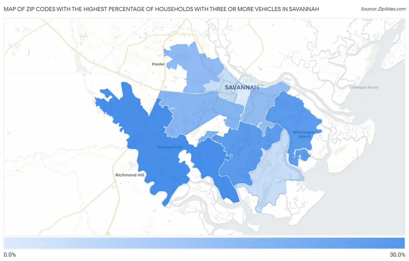 Zip Codes with the Highest Percentage of Households With Three or more Vehicles in Savannah Map