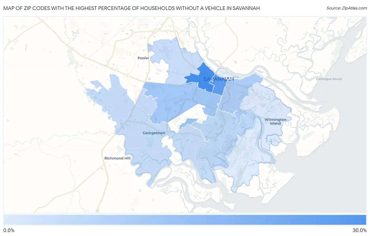 Zip Codes with the Highest Percentage of Households Without a Vehicle in Savannah Map