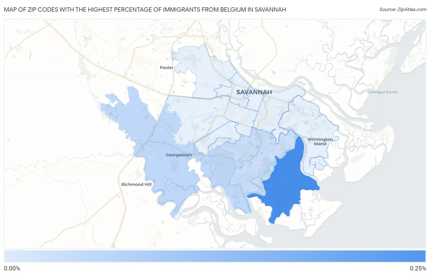 Zip Codes with the Highest Percentage of Immigrants from Belgium in Savannah Map
