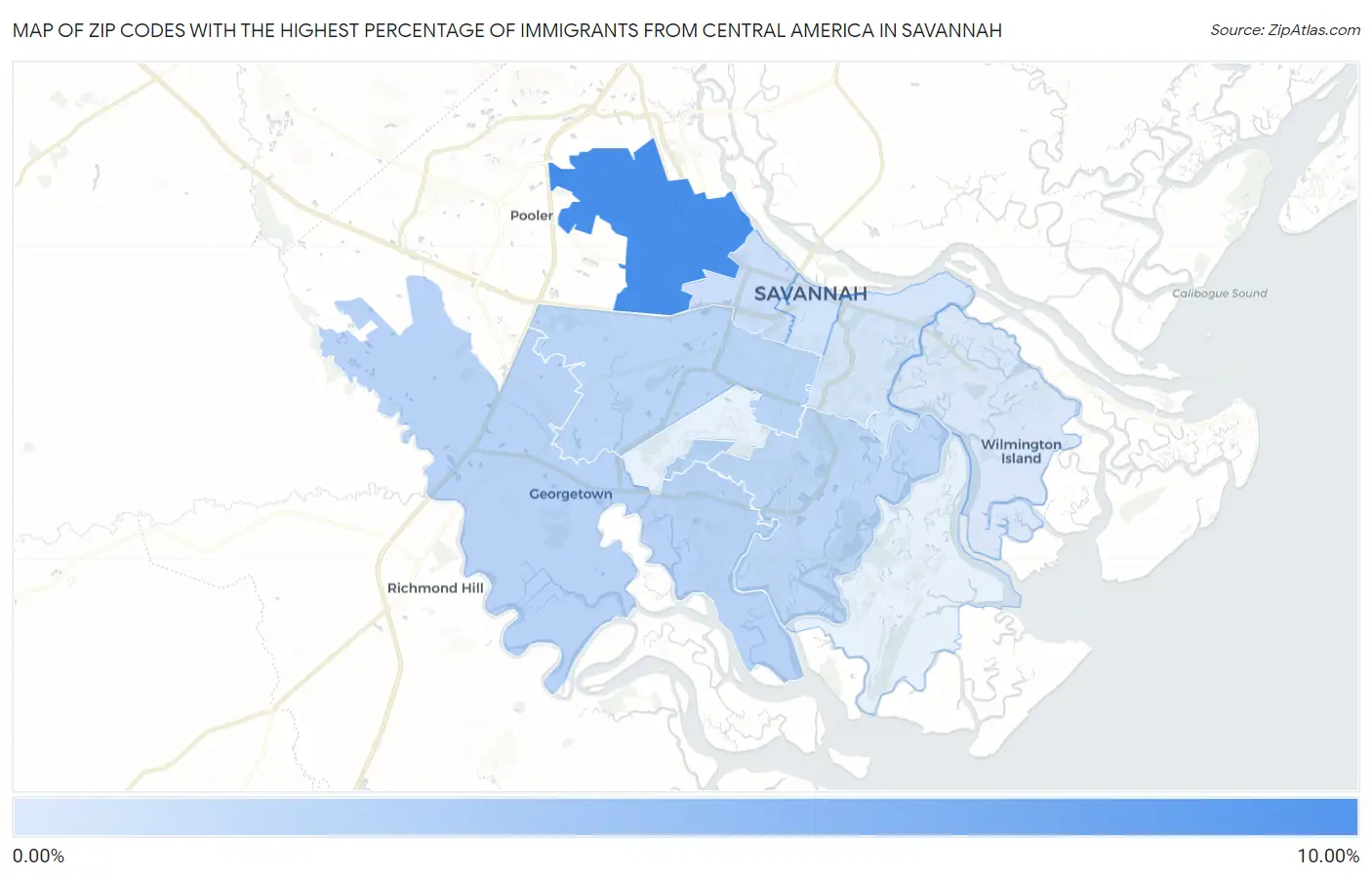 Zip Codes with the Highest Percentage of Immigrants from Central America in Savannah Map