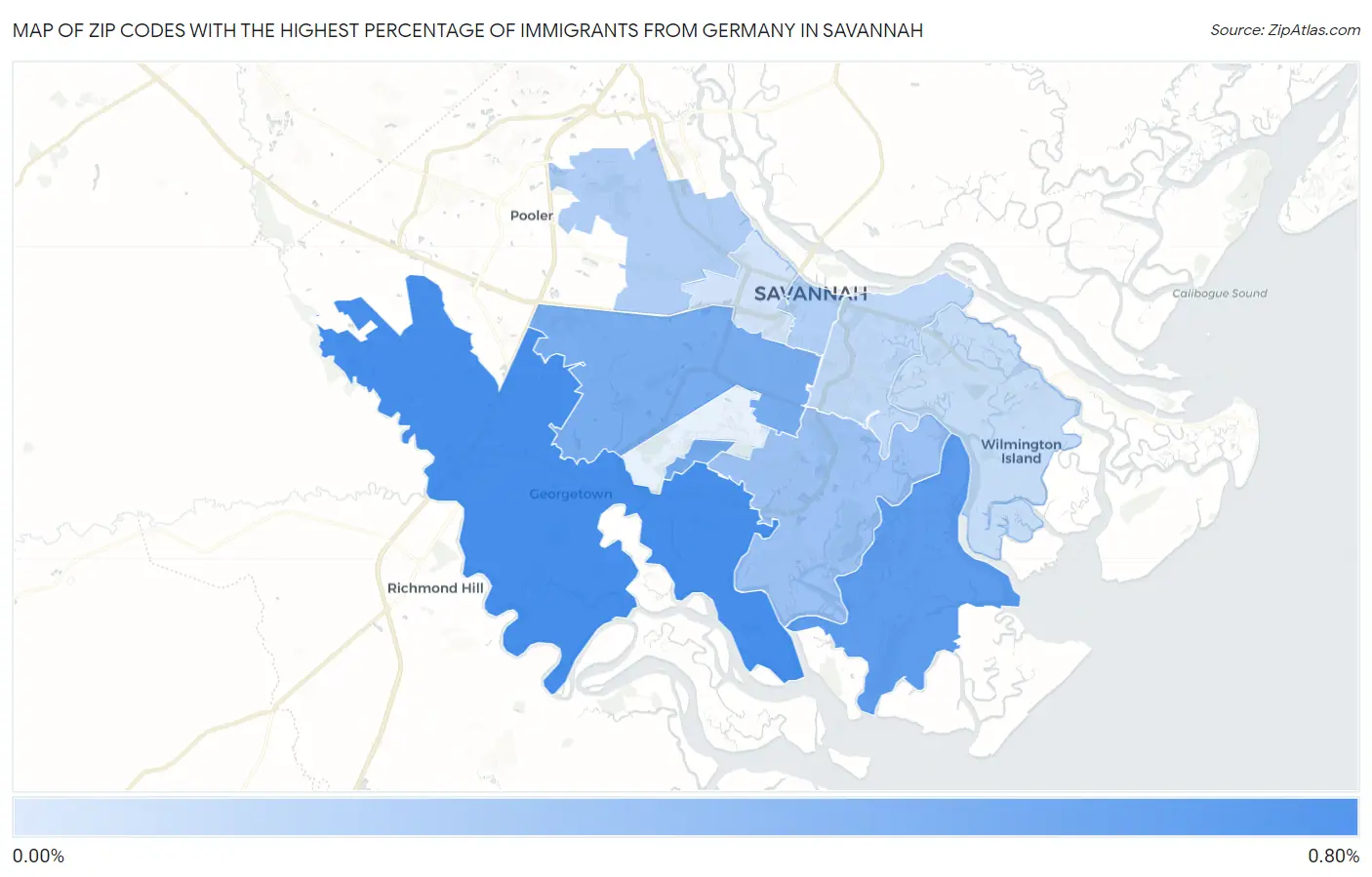Zip Codes with the Highest Percentage of Immigrants from Germany in Savannah Map