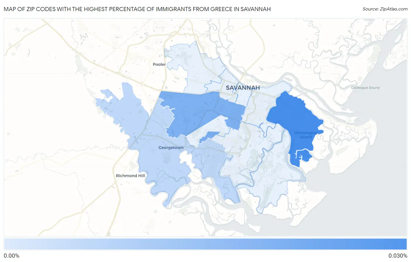 Zip Codes with the Highest Percentage of Immigrants from Greece in Savannah Map
