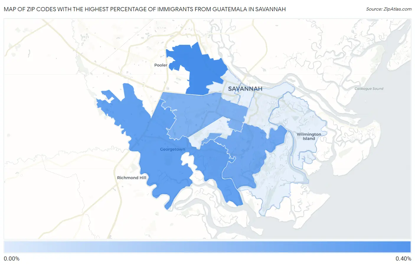 Zip Codes with the Highest Percentage of Immigrants from Guatemala in Savannah Map