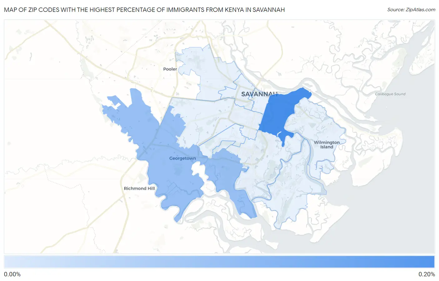 Zip Codes with the Highest Percentage of Immigrants from Kenya in Savannah Map