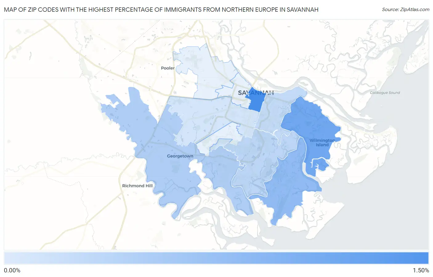 Zip Codes with the Highest Percentage of Immigrants from Northern Europe in Savannah Map