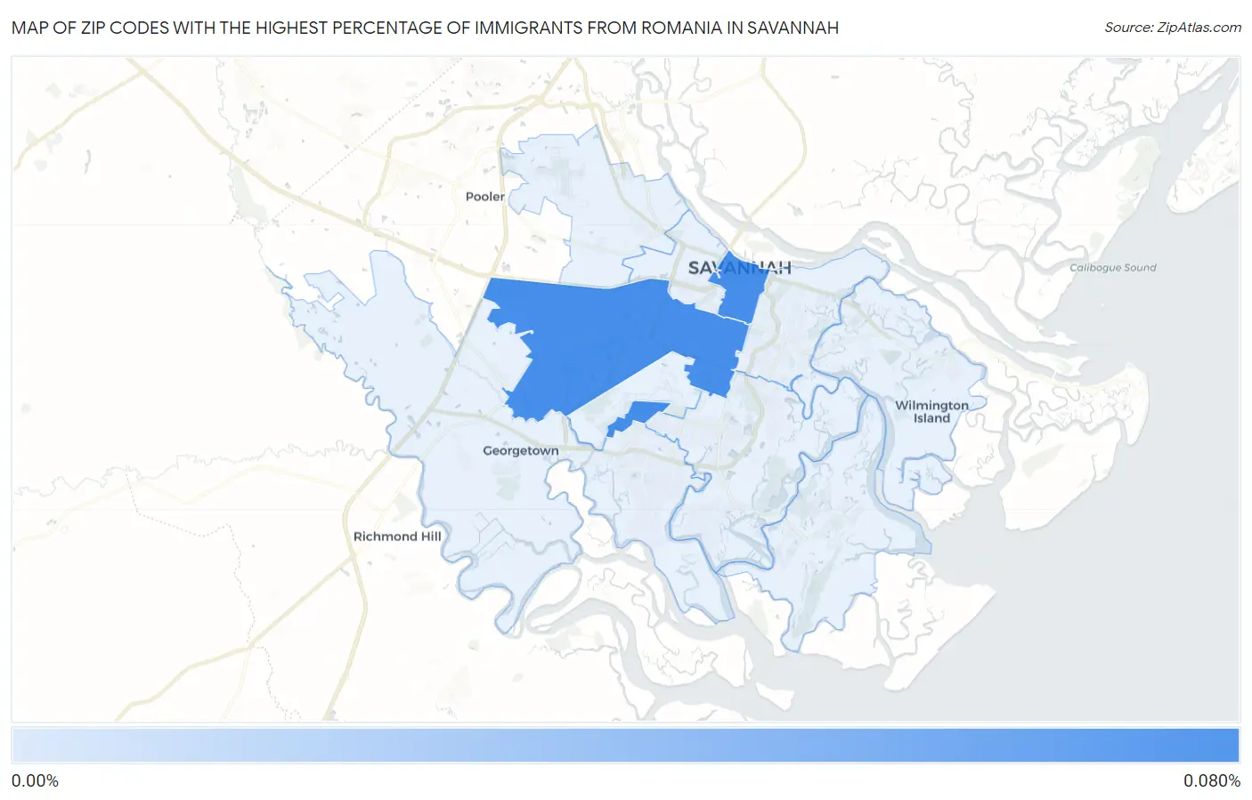 Zip Codes with the Highest Percentage of Immigrants from Romania in Savannah Map