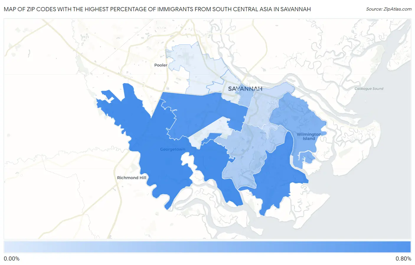 Zip Codes with the Highest Percentage of Immigrants from South Central Asia in Savannah Map