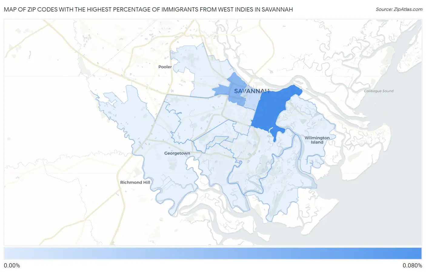 Zip Codes with the Highest Percentage of Immigrants from West Indies in Savannah Map