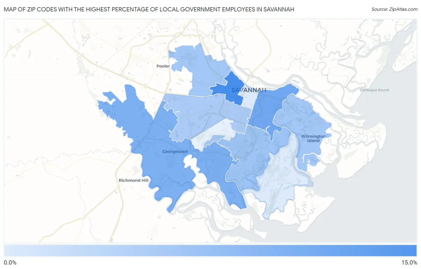 Zip Codes with the Highest Percentage of Local Government Employees in Savannah Map