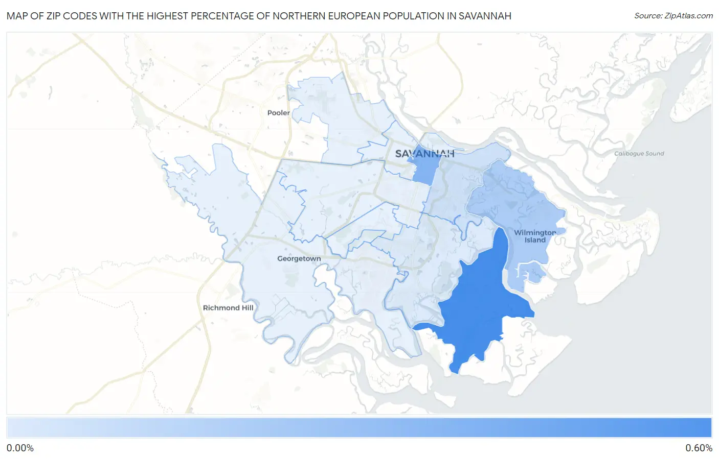 Zip Codes with the Highest Percentage of Northern European Population in Savannah Map