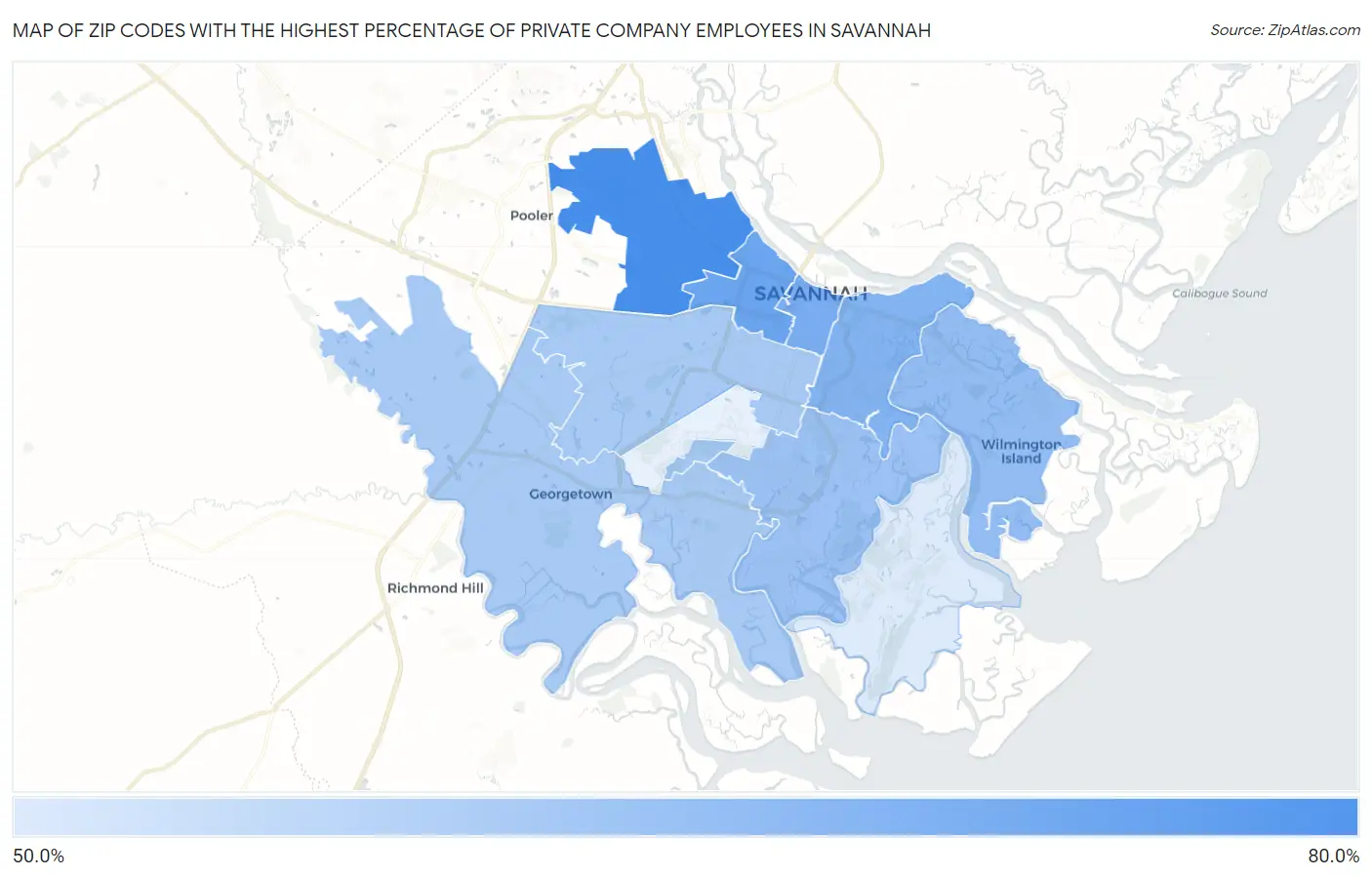 Zip Codes with the Highest Percentage of Private Company Employees in Savannah Map