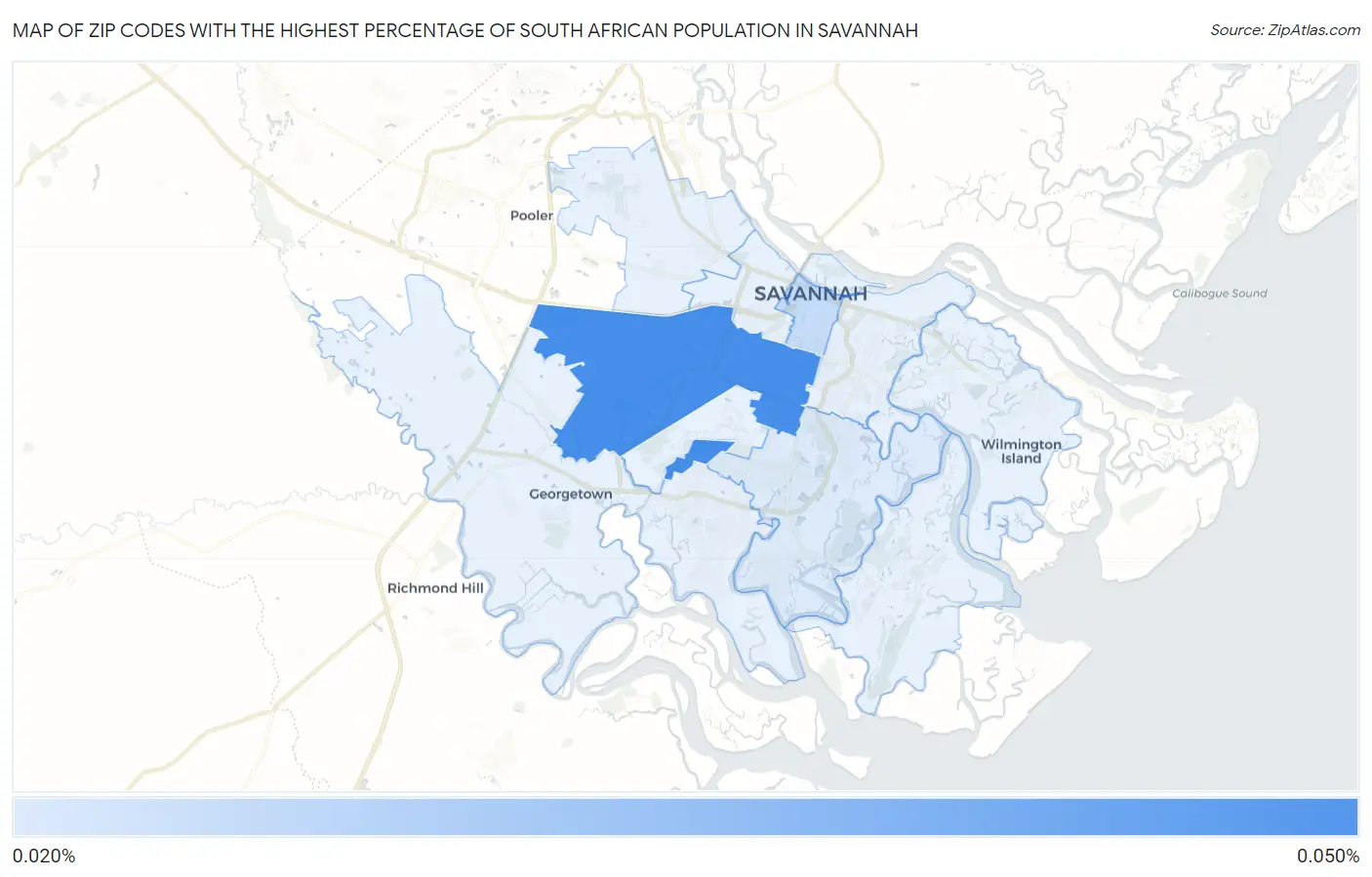 Zip Codes with the Highest Percentage of South African Population in Savannah Map