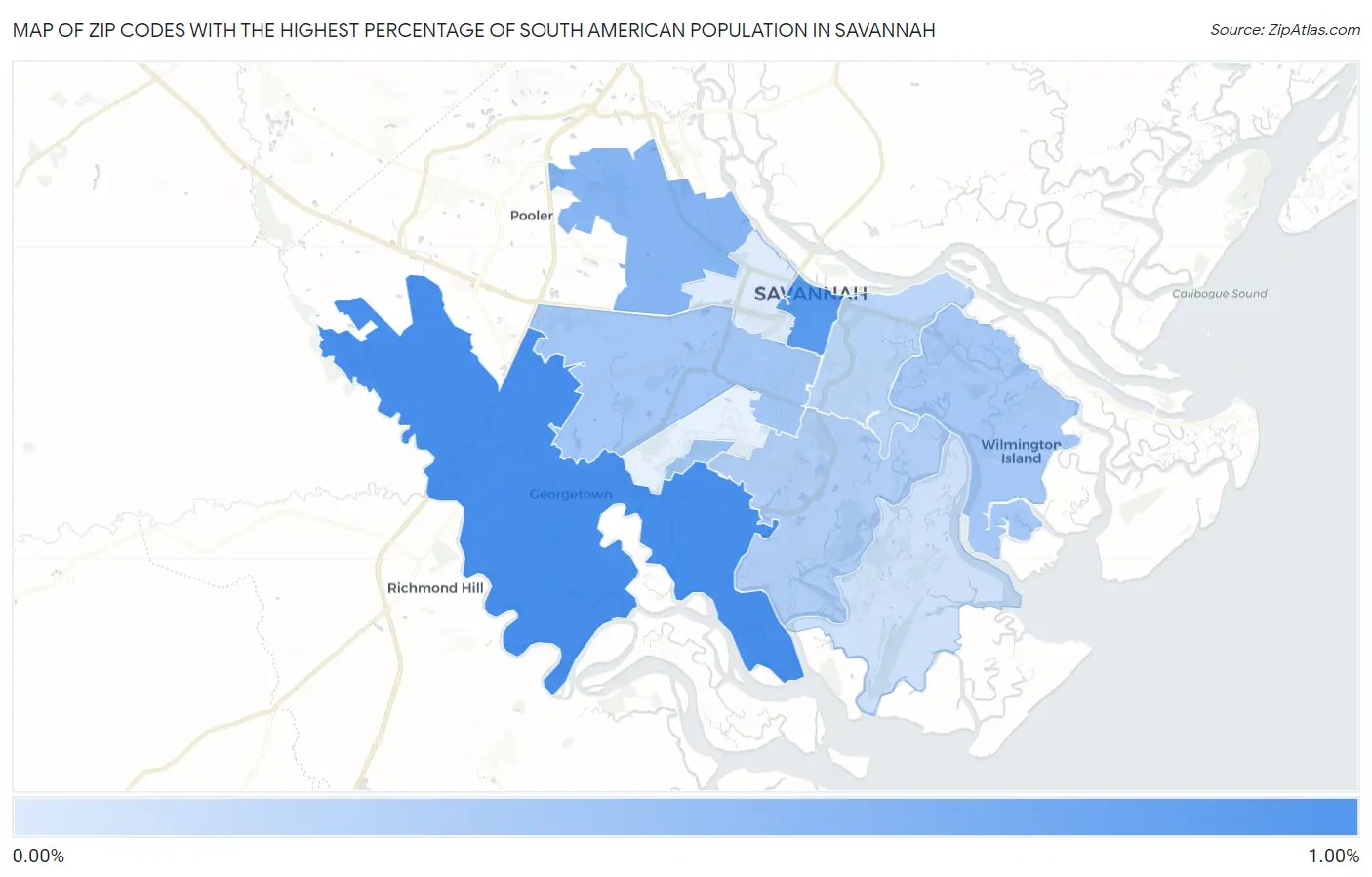 Zip Codes with the Highest Percentage of South American Population in Savannah Map