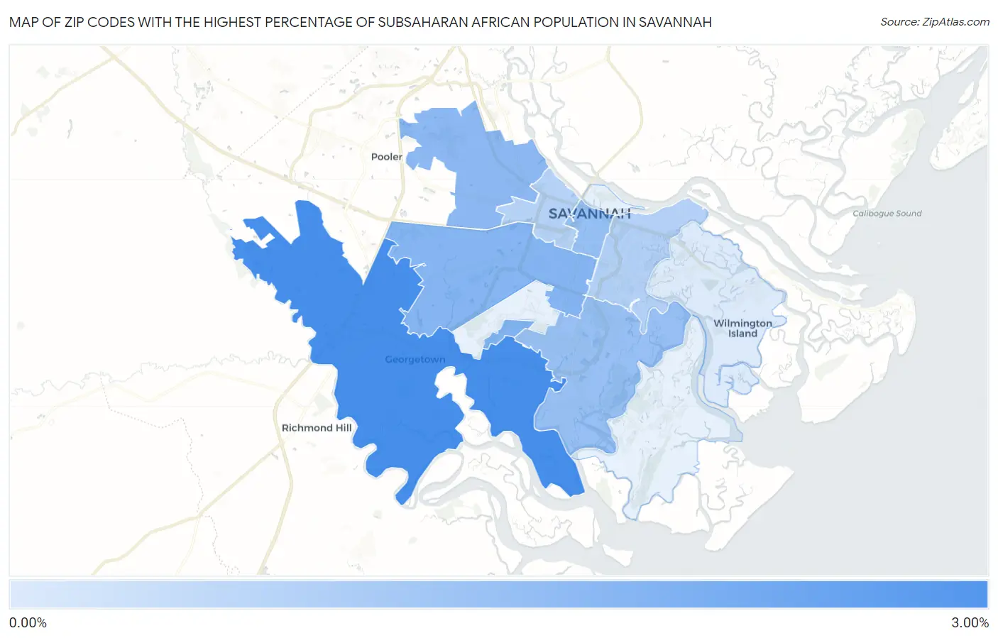Zip Codes with the Highest Percentage of Subsaharan African Population in Savannah Map