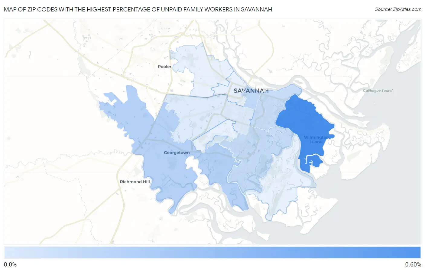 Zip Codes with the Highest Percentage of Unpaid Family Workers in Savannah Map