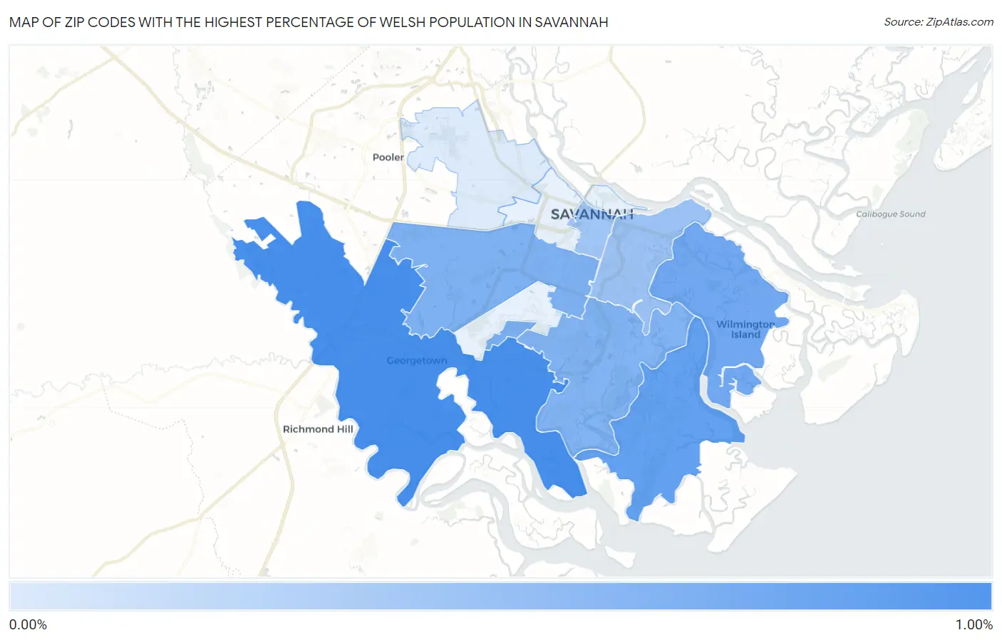 Zip Codes with the Highest Percentage of Welsh Population in Savannah Map