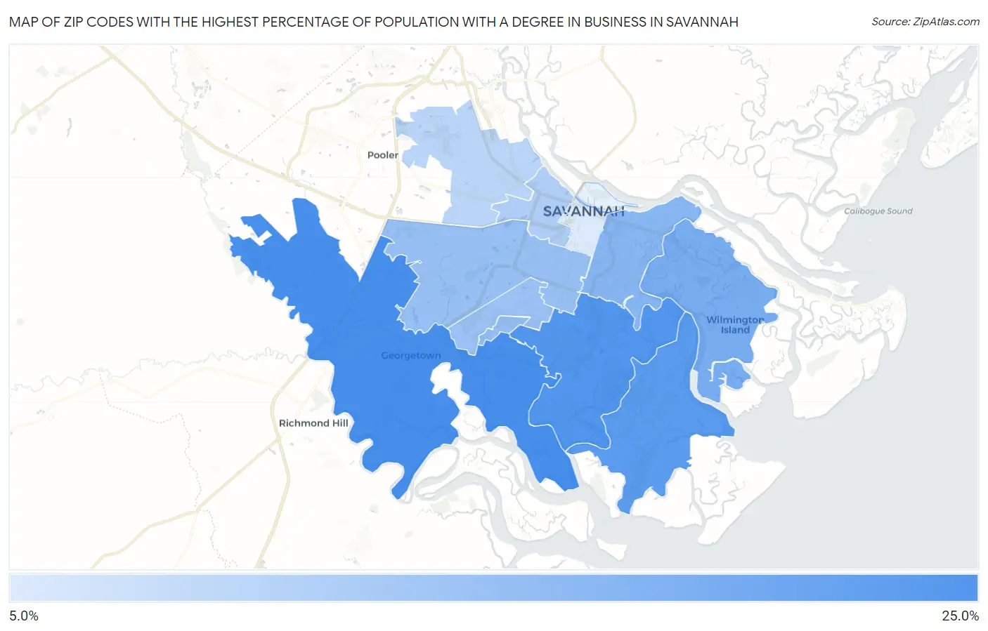 Zip Codes with the Highest Percentage of Population with a Degree in Business in Savannah Map