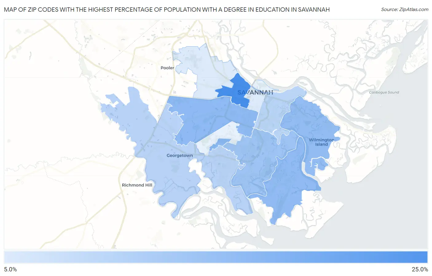 Zip Codes with the Highest Percentage of Population with a Degree in Education in Savannah Map