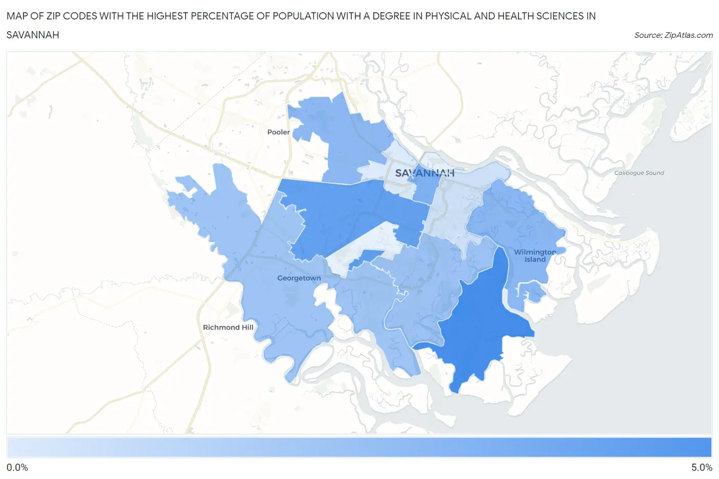 Zip Codes with the Highest Percentage of Population with a Degree in Physical and Health Sciences in Savannah Map