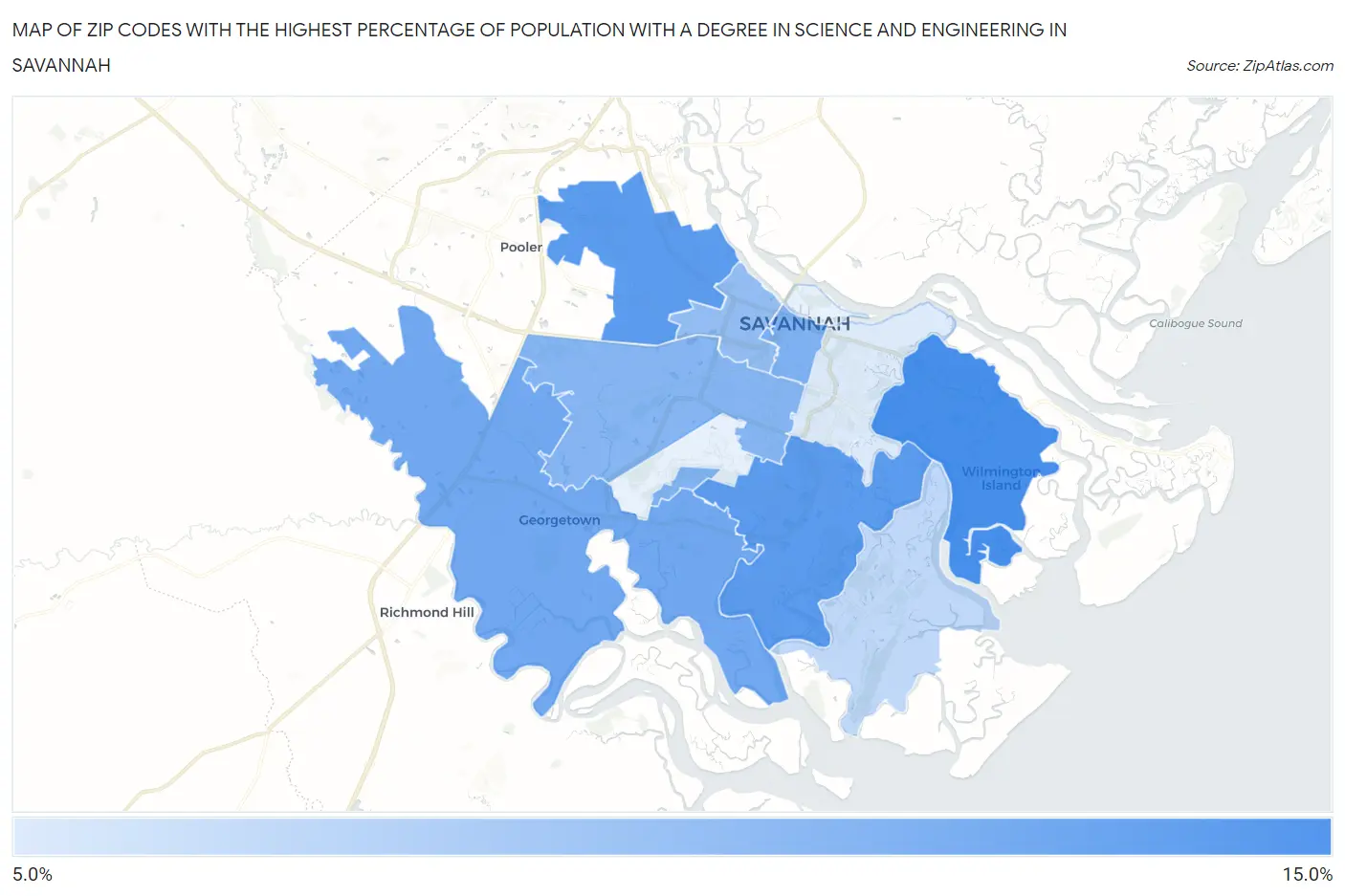 Zip Codes with the Highest Percentage of Population with a Degree in Science and Engineering in Savannah Map