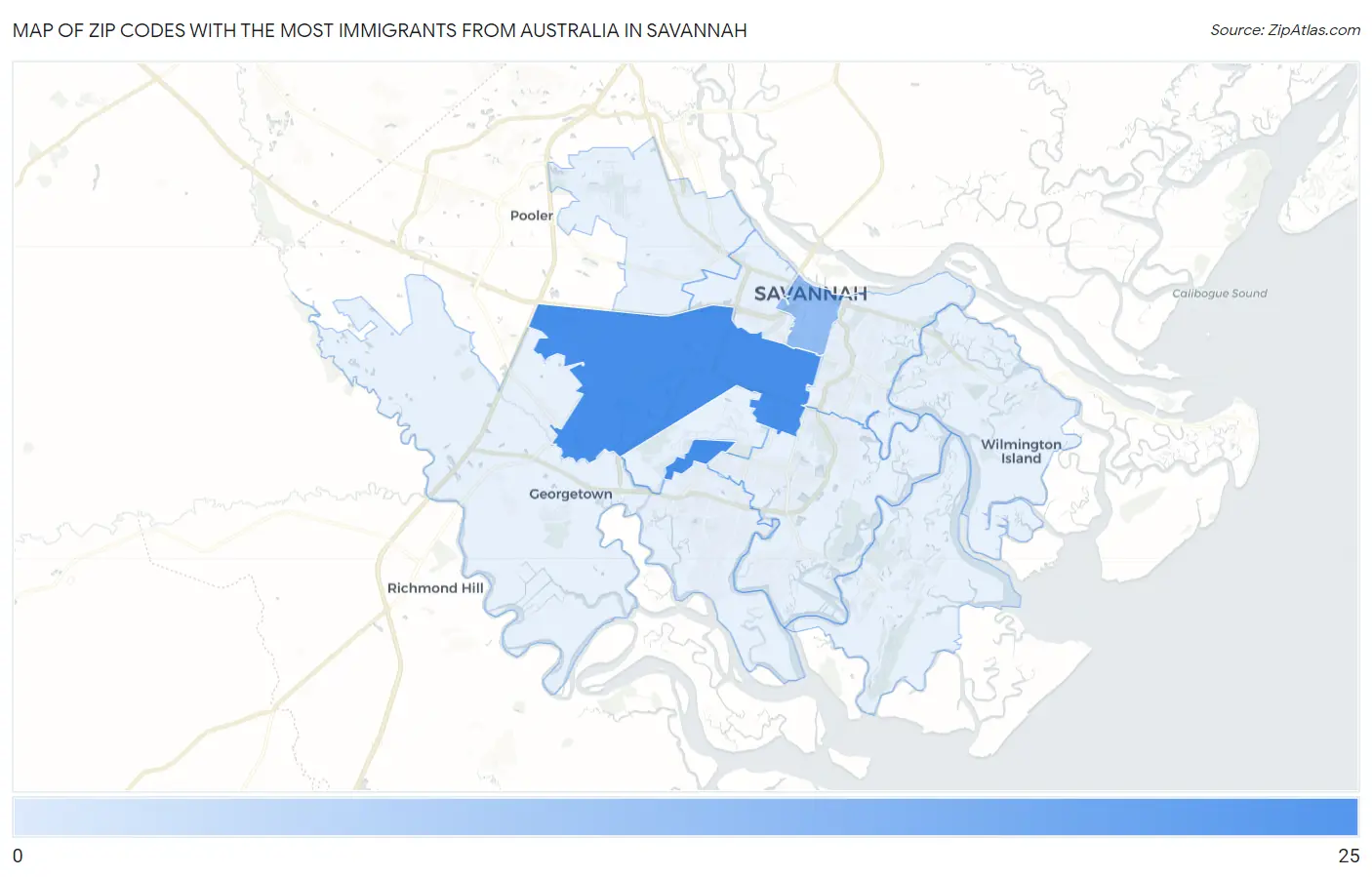Zip Codes with the Most Immigrants from Australia in Savannah Map