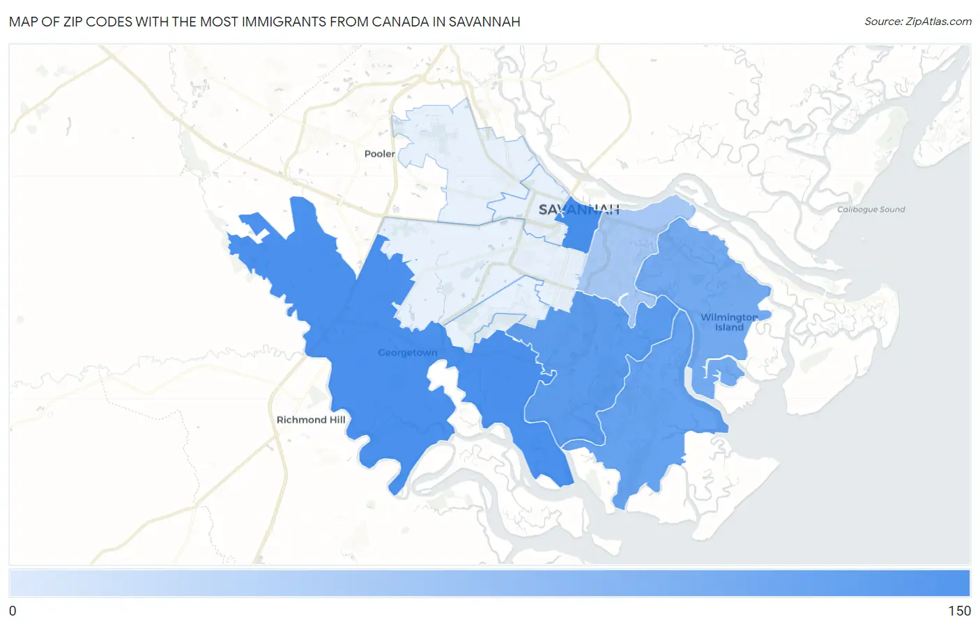 Zip Codes with the Most Immigrants from Canada in Savannah Map