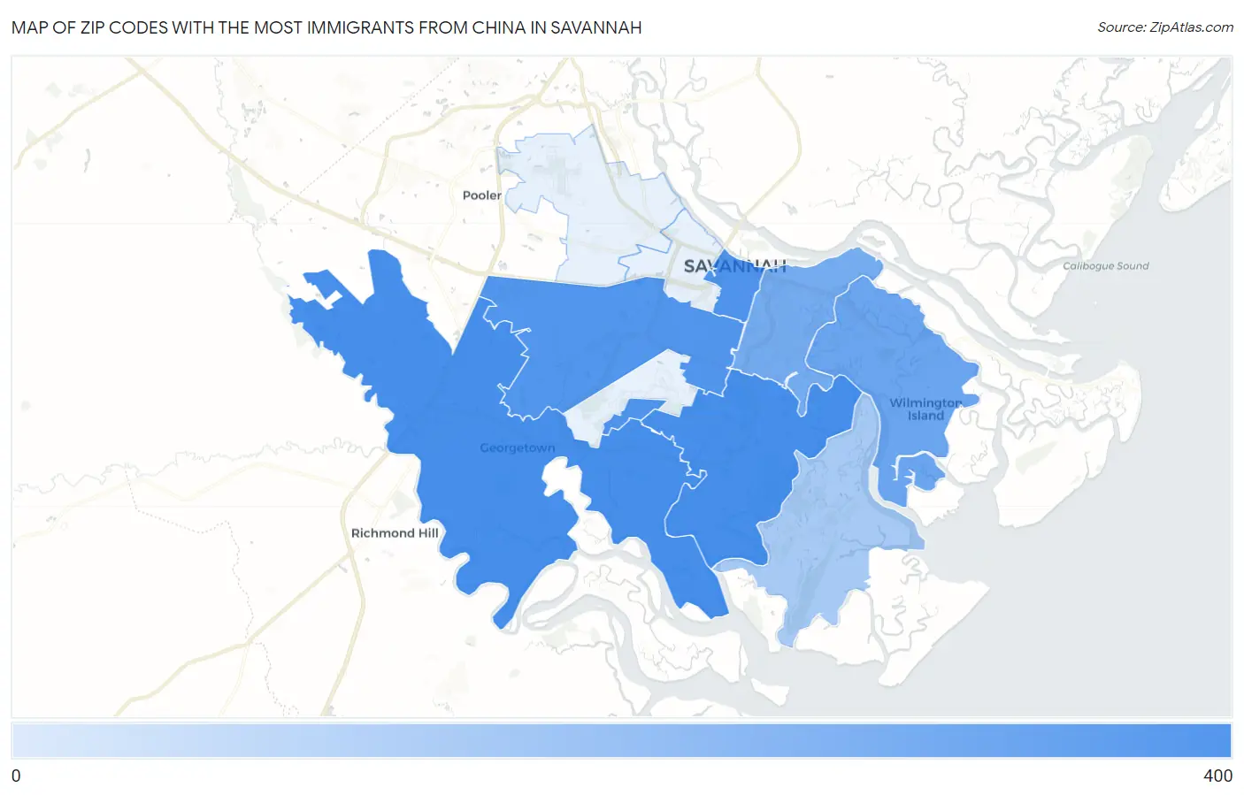 Zip Codes with the Most Immigrants from China in Savannah Map