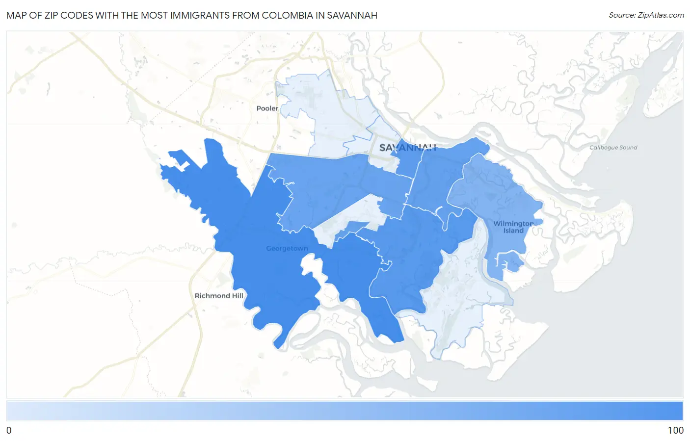 Zip Codes with the Most Immigrants from Colombia in Savannah Map