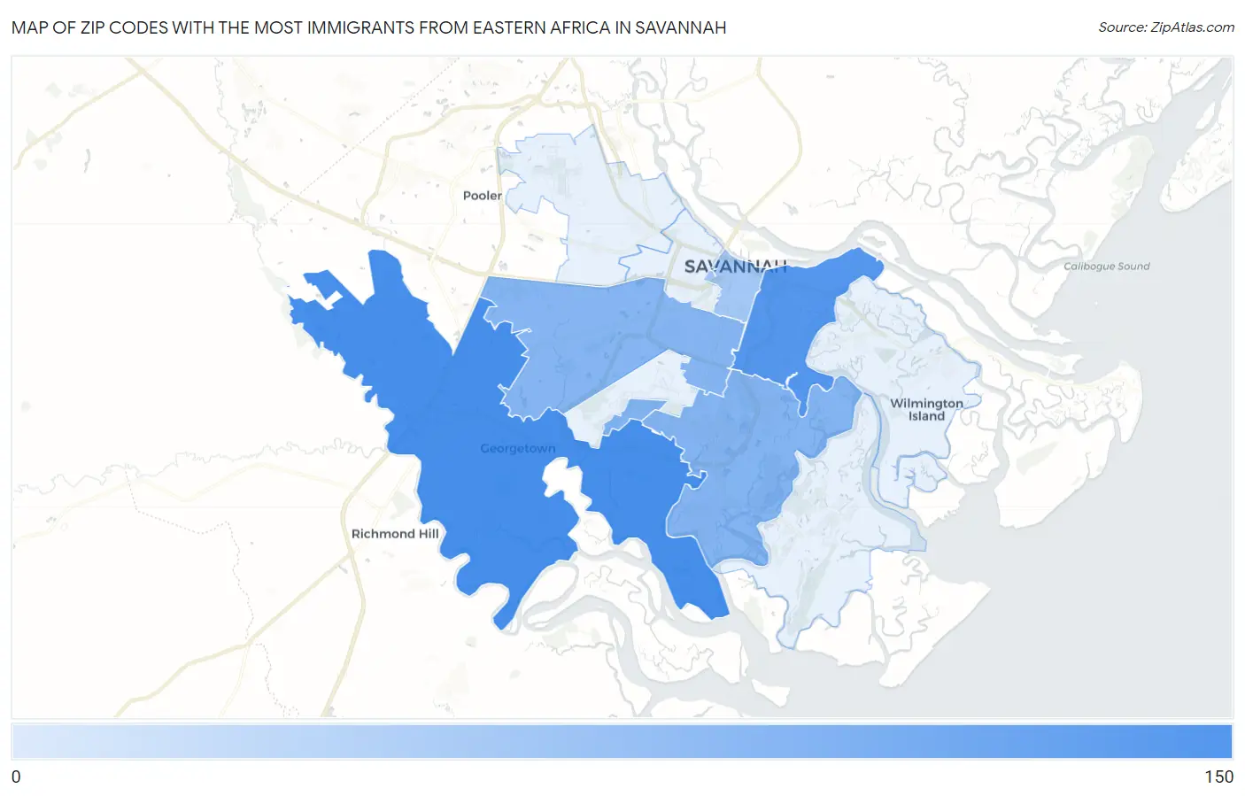Zip Codes with the Most Immigrants from Eastern Africa in Savannah Map