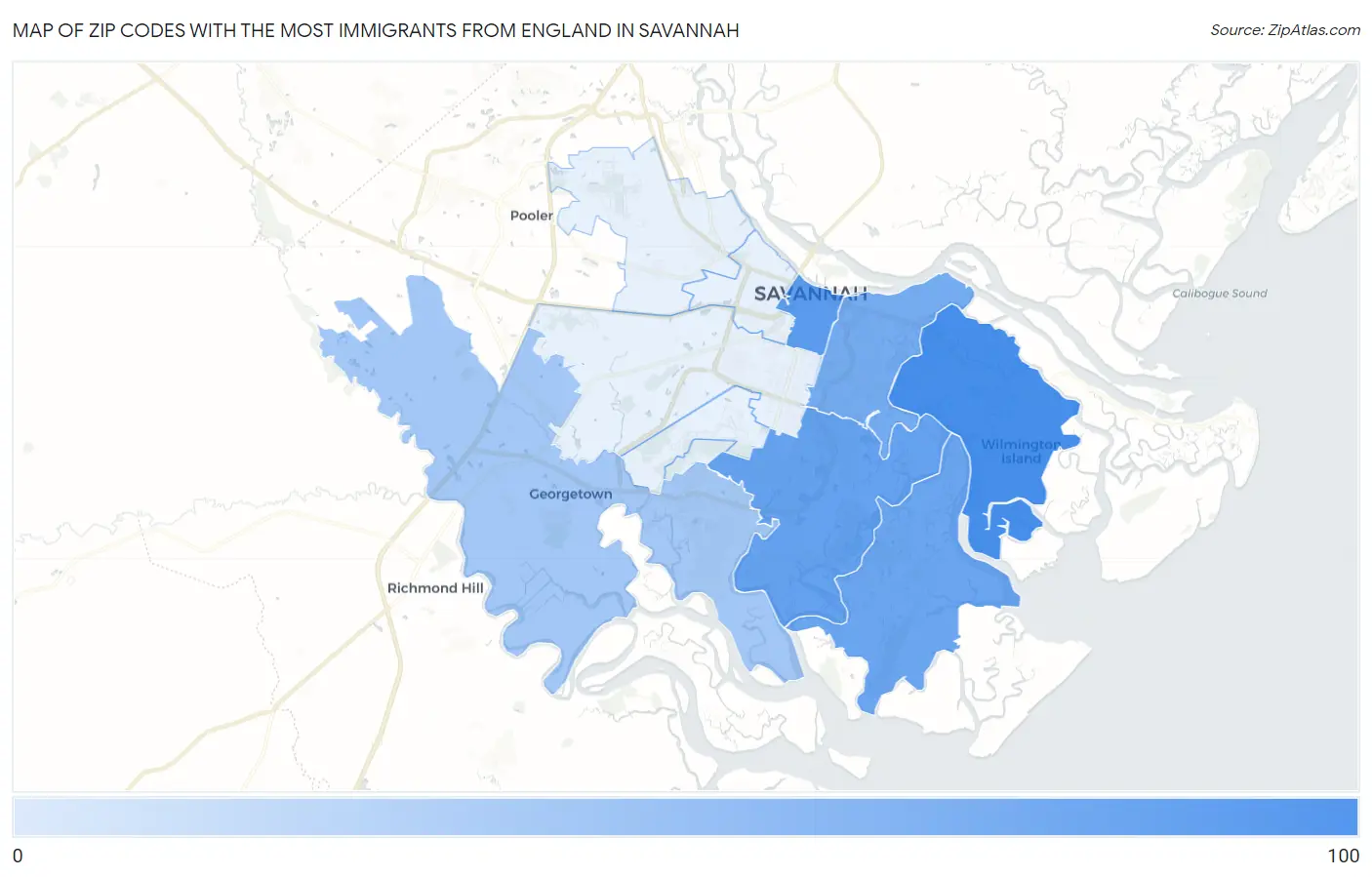 Zip Codes with the Most Immigrants from England in Savannah Map